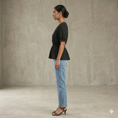 Elegant Black Smocked Peplum Top with Puff Sleeves