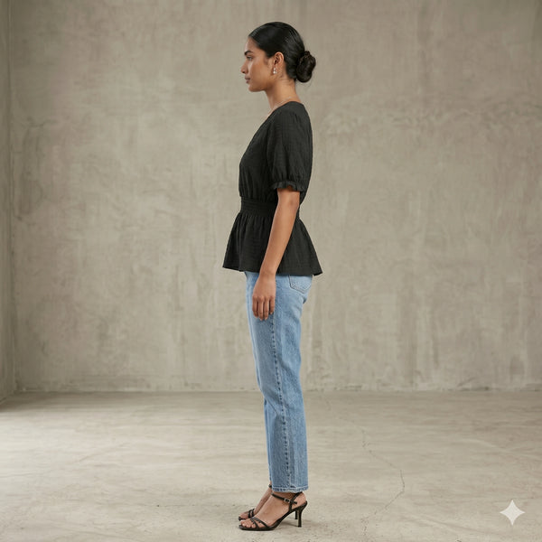 Elegant Black Smocked Peplum Top with Puff Sleeves