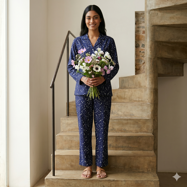 Women Navy Blue Printed Co-Ord Set – Soft Nightwear & Loungewear Set