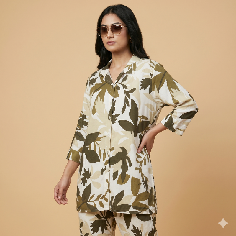 Women's Olive Leaf Print Co-ord Set | Botanical 2-Piece Outfit