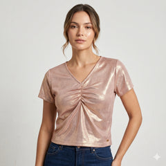 Shiny Rose Gold Party Top with Front Gathered Detail