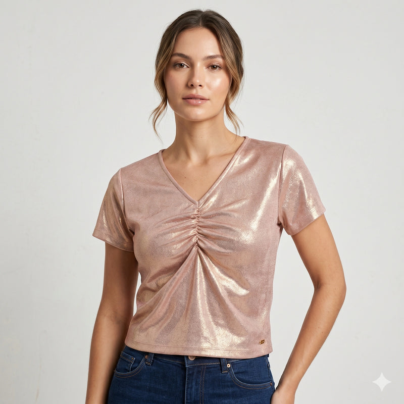 Shiny Rose Gold Party Top with Front Gathered Detail