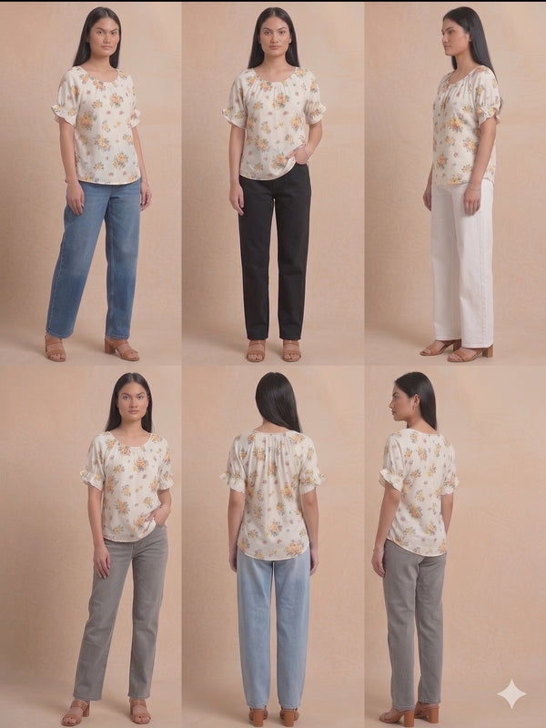 Cream Multi-Floral Gathered Blouse | Women's Casual Summer Top