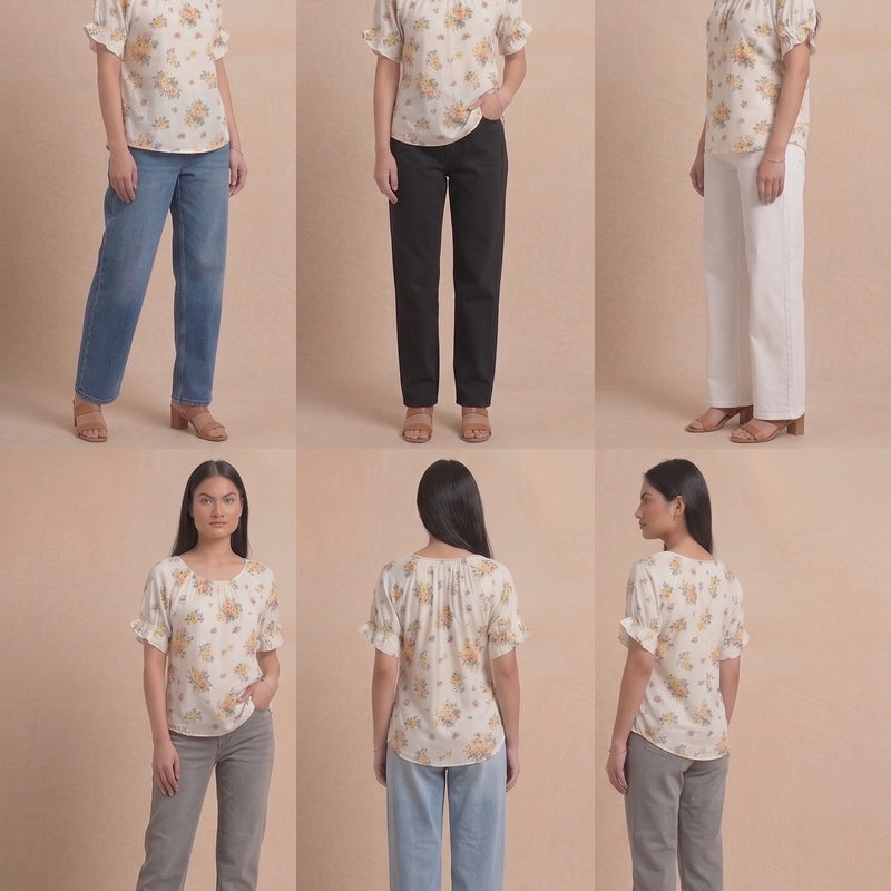Cream Multi-Floral Gathered Blouse | Women's Casual Summer Top