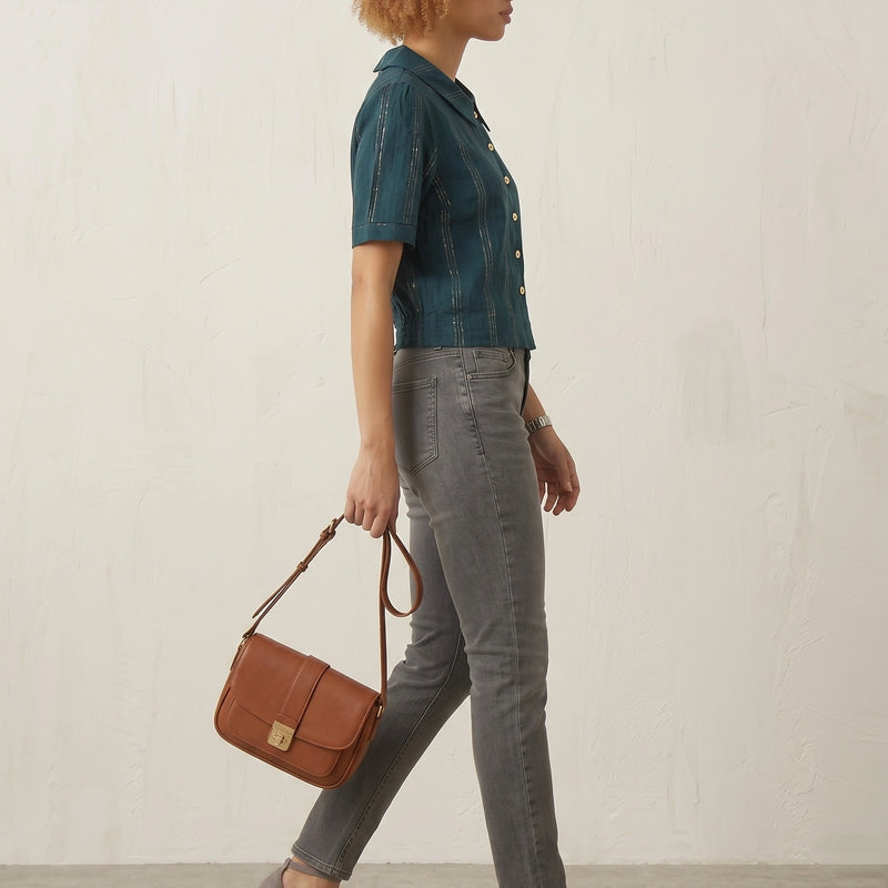 Teal Blue Cotton Shirt with Gold Stripe Detail