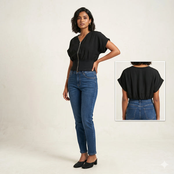 Elegant Front-Zip Quilted Waist Top for Women | Chic Contemporary Wear- incorrect images