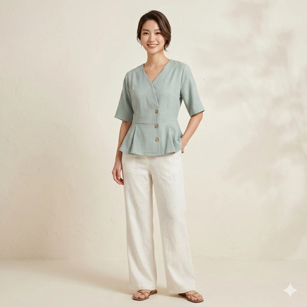 Sage Green Peplum Wrap Top with Button Detail