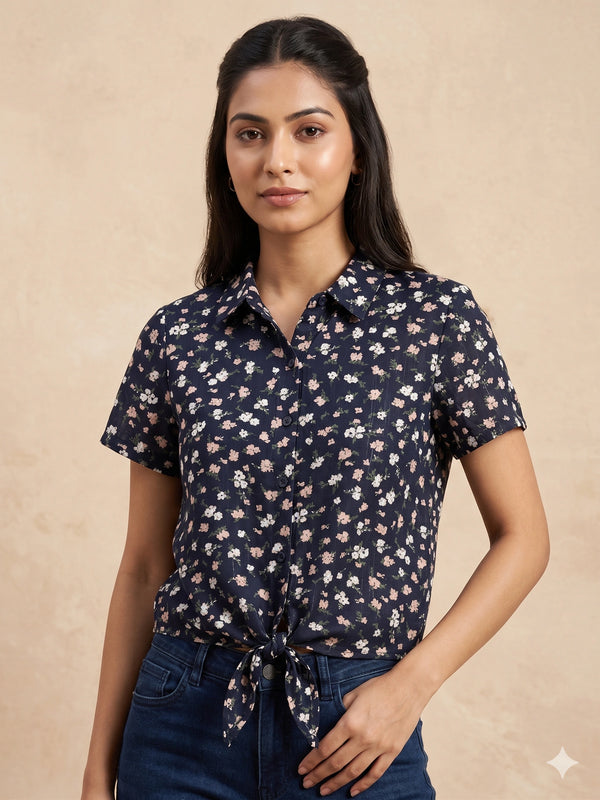 Floral Print Collared Button-Down Shirt for Women