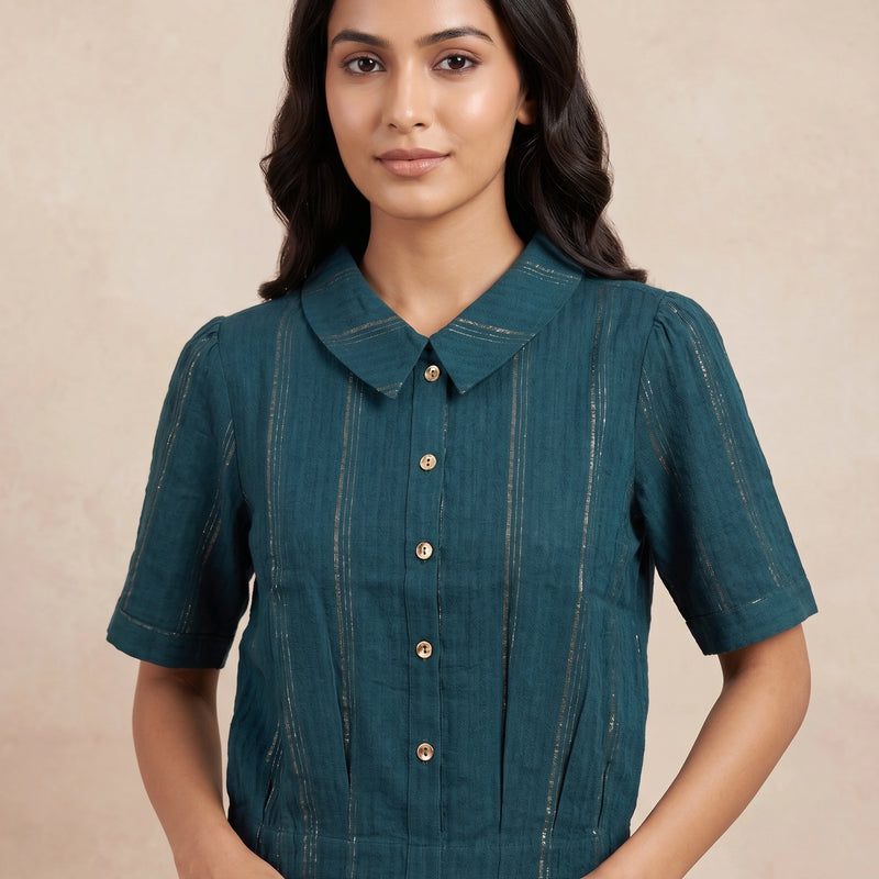 Teal Blue Cotton Shirt with Gold Stripe Detail