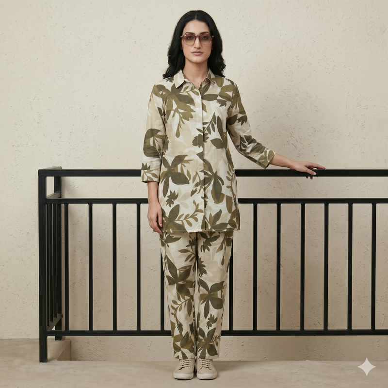 Women's Olive Leaf Print Co-ord Set | Botanical 2-Piece Outfit