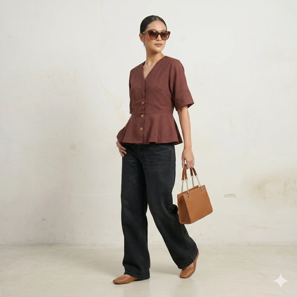 Elegant Maroon Peplum Button-Down Top with V-Neck