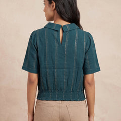 Teal Blue Cotton Shirt with Gold Stripe Detail