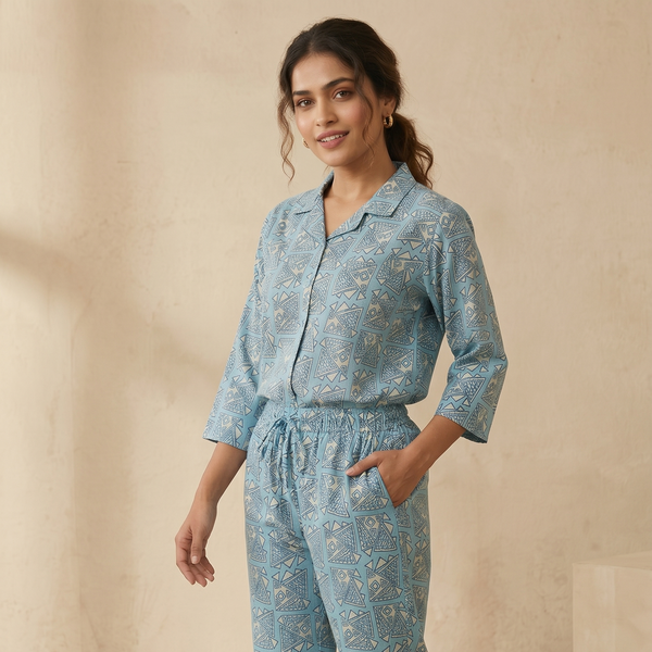 Women's Powder Blue Geometric Co-ord Set | Summer 2-Piece Outfit