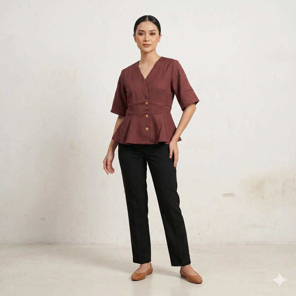 Elegant Maroon Peplum Button-Down Top with V-Neck