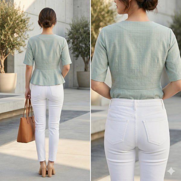 Sage Green Peplum Wrap Top with Button Detail
