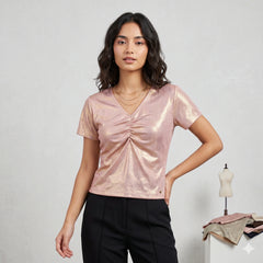 Shiny Rose Gold Party Top with Front Gathered Detail
