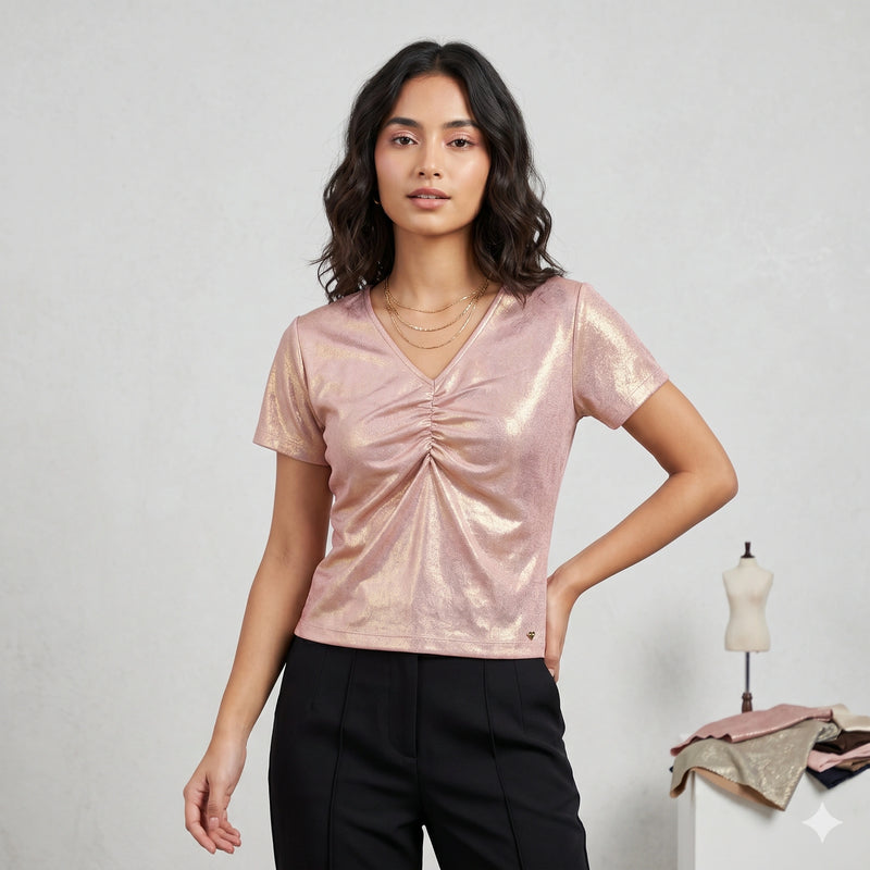 Shiny Rose Gold Party Top with Front Gathered Detail