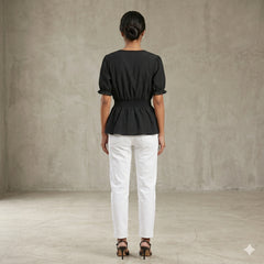 Elegant Black Smocked Peplum Top with Puff Sleeves