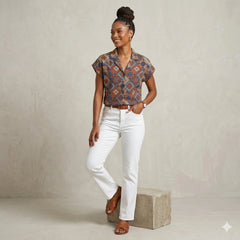 Vintage Geometric Print Button-Down Shirt with Notch Collar