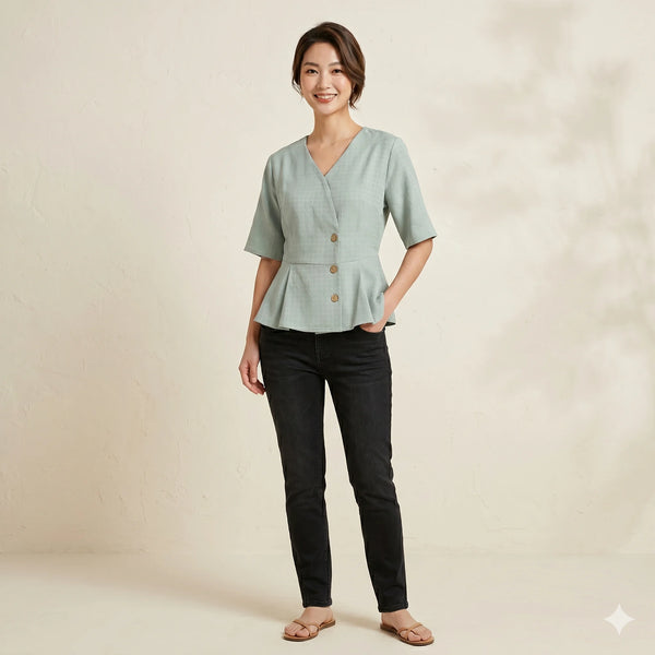 Sage Green Peplum Wrap Top with Button Detail