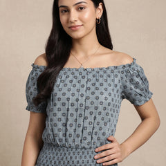 Grey Floral Off-Shoulder Smocked Top with Silver Accents