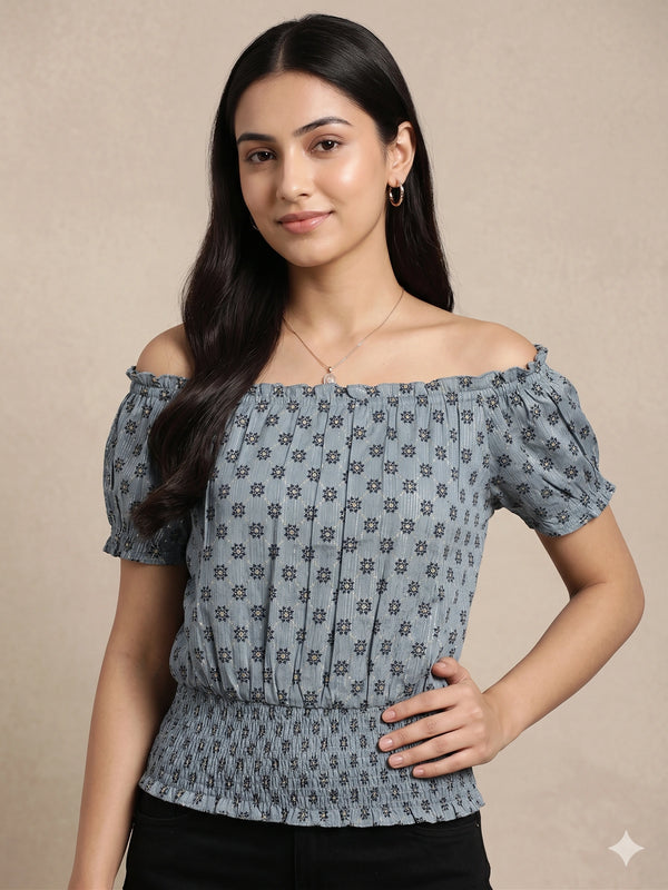 Grey Floral Off-Shoulder Smocked Top with Silver Accents