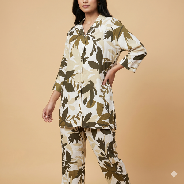 Women's Olive Leaf Print Co-ord Set | Botanical 2-Piece Outfit