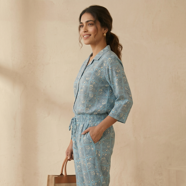 Woman wearing a blue floral outfit holding a brown bag against a beige background