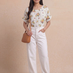Cream Multi-Floral Gathered Blouse | Women's Casual Summer Top