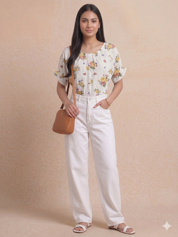 Cream Multi-Floral Gathered Blouse | Women's Casual Summer Top