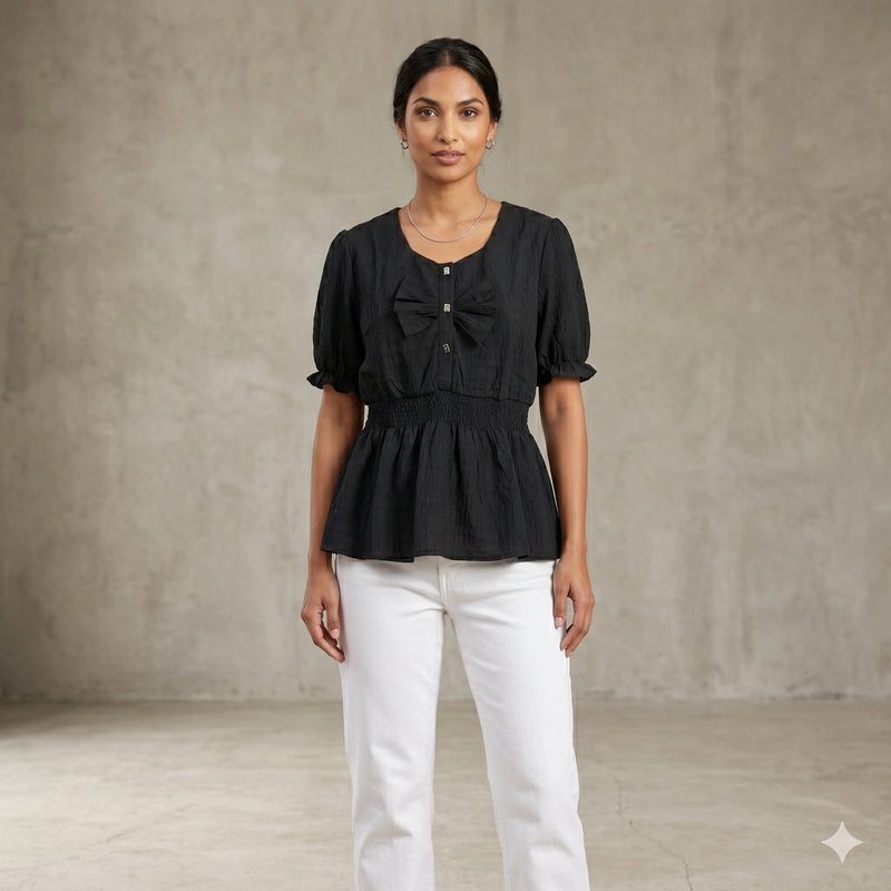 Elegant Black Smocked Peplum Top with Puff Sleeves