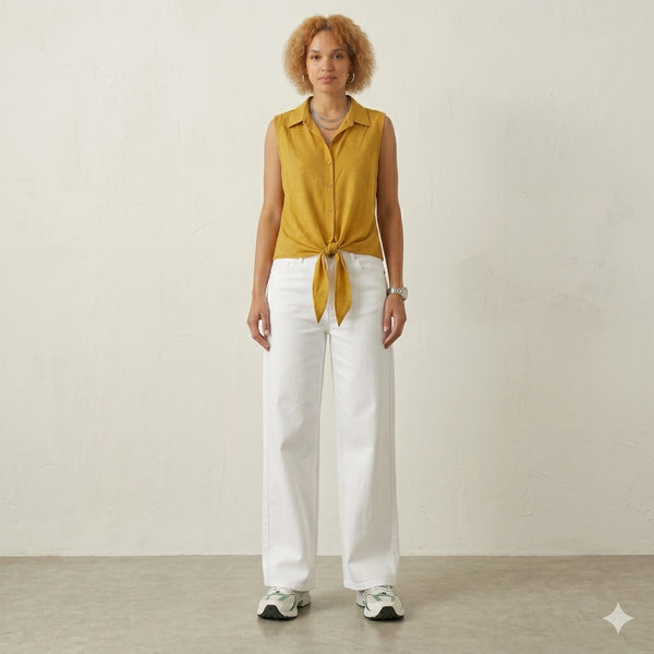 Sleeveless Mustard Yellow Notch Collar Blouse