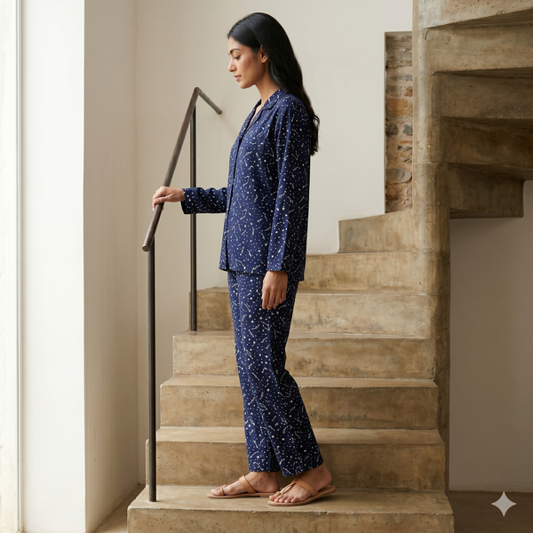Women Navy Blue Printed Co-Ord Set – Soft Nightwear & Loungewear Set