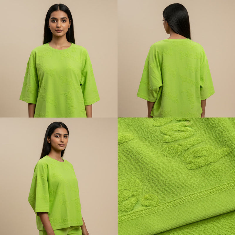 Green oversized t-shirt shown from front, back, and close-up on a beige background