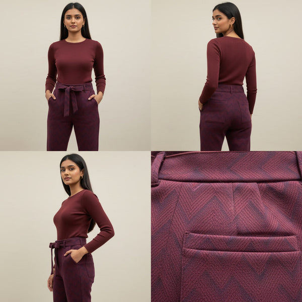 Maroon outfit with long-sleeve top and pants, shown from front, back, and close-up on a neutral background.