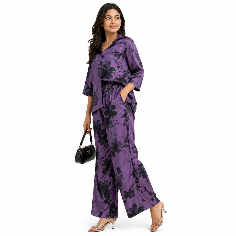 Premium Women Purple Floral Satin Co-Ord Set – Luxury Shirt & Wide Leg Pant Set