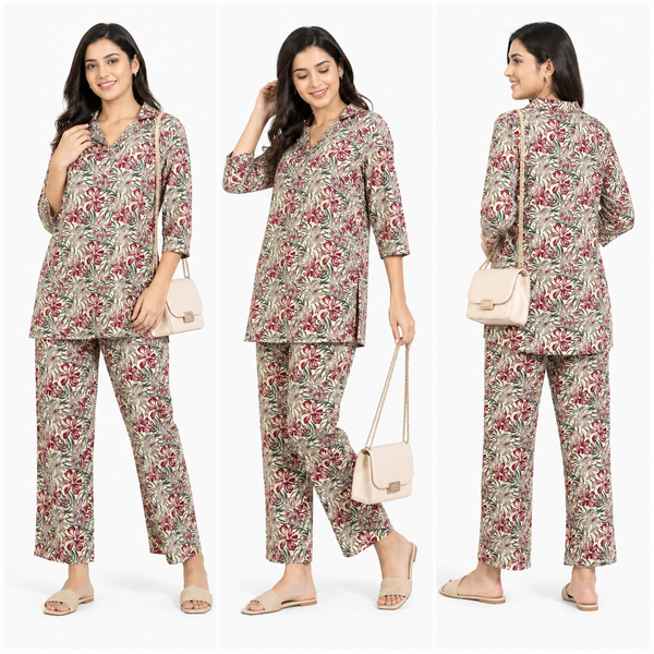Women Beige Floral Printed Co-Ord Set – Stylish Kurti Pant Set
