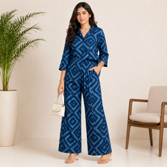 Women Navy Blue Geometric Print Co-Ord Set – Premium Relaxed Shirt & Wide Leg Pants