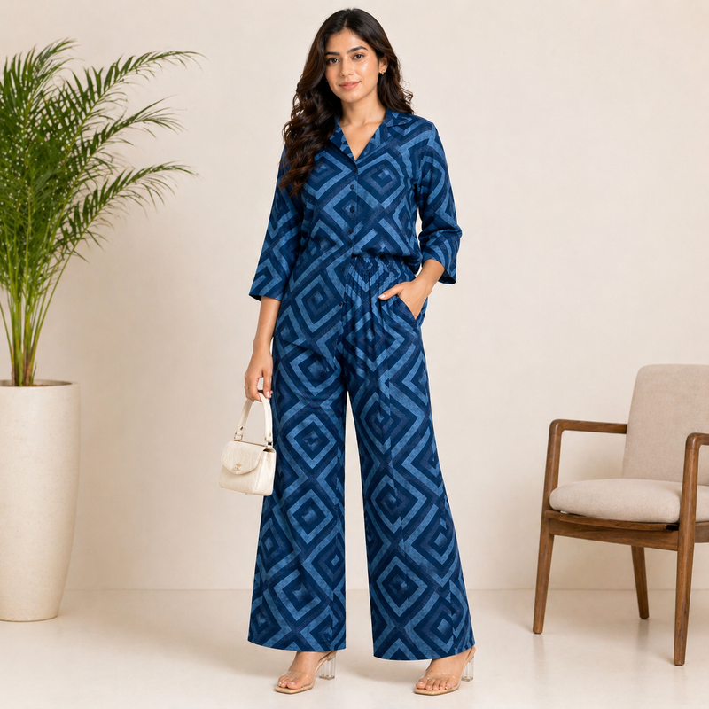 Women Navy Blue Geometric Print Co-Ord Set – Premium Relaxed Shirt & Wide Leg Pants