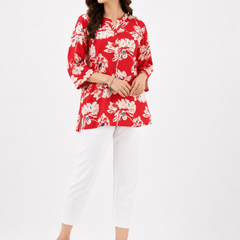 Red Floral Cotton Co-Ord Set for Women | Casual Ethnic Matching Set