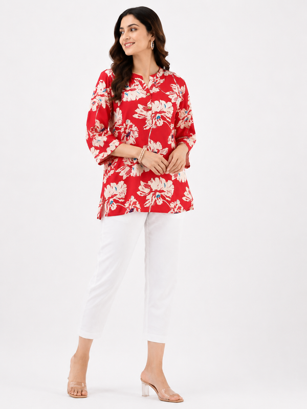 Red Floral Cotton Co-Ord Set for Women | Casual Ethnic Matching Set