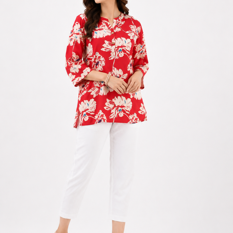 Red Floral Cotton Co-Ord Set for Women | Casual Ethnic Matching Set