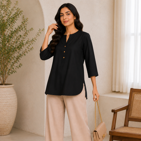 Woman in black top and beige pants standing in a room with a plant and chair.