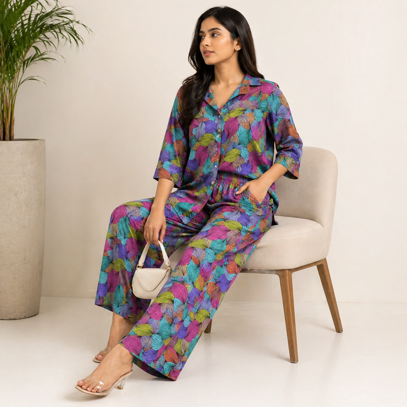 Women Multicolor Abstract Print Co-Ord Set – Premium Shirt & Wide Leg Pant Set
