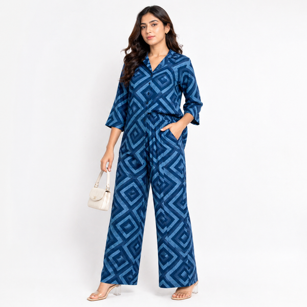 Women Navy Blue Geometric Print Co-Ord Set – Premium Relaxed Shirt & Wide Leg Pants