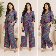 Women Multicolor Abstract Print Co-Ord Set – Premium Shirt & Wide Leg Pant Set