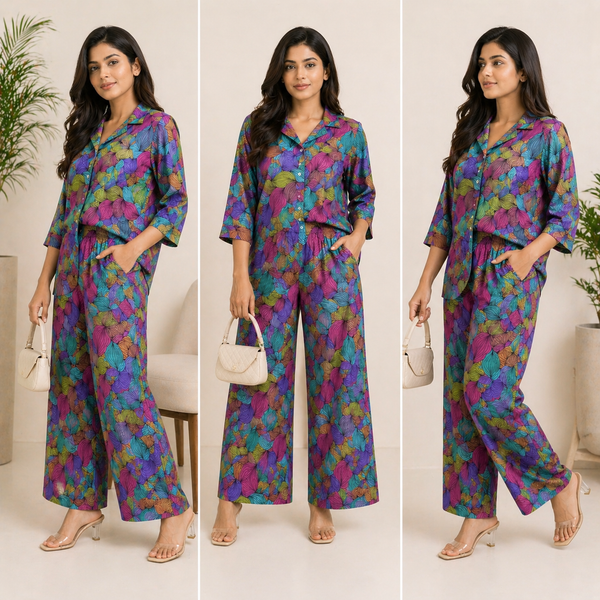 Women Multicolor Abstract Print Co-Ord Set – Premium Shirt & Wide Leg Pant Set