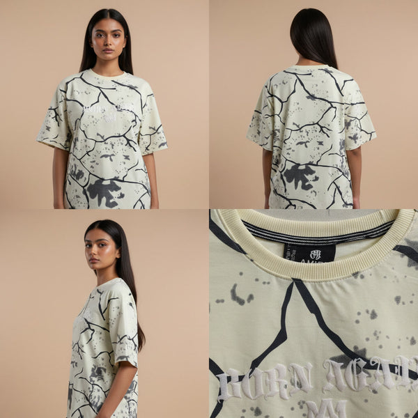 Collage of a person wearing a patterned t-shirt from front, back, and side views with a close-up of the brand label.