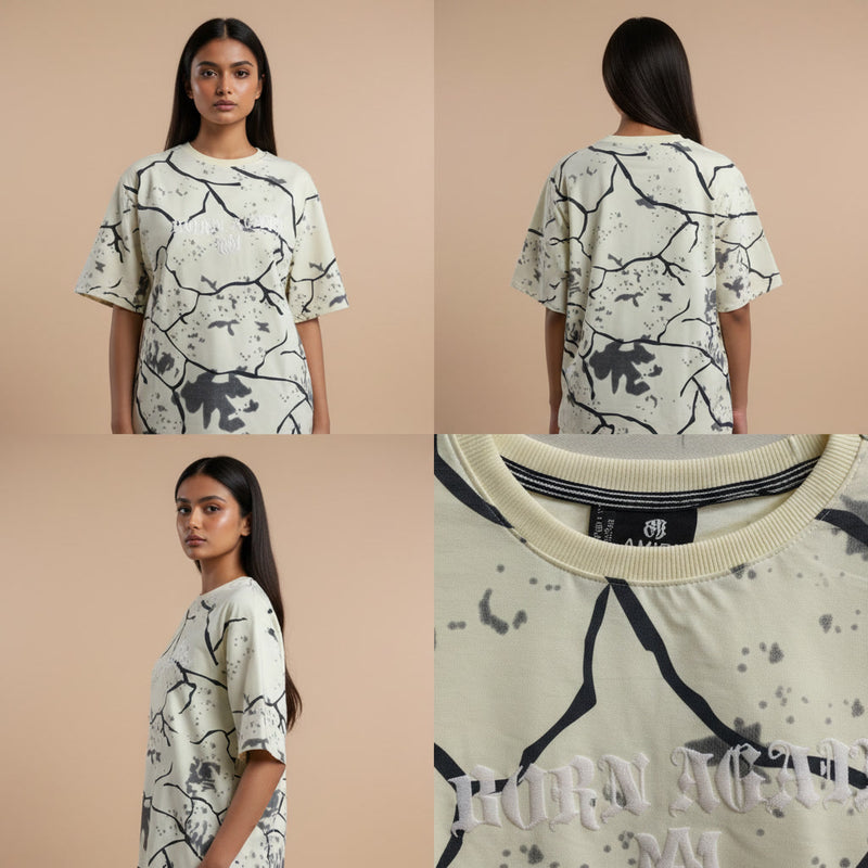 Collage of a person wearing a patterned t-shirt from front, back, and side views with a close-up of the brand label.