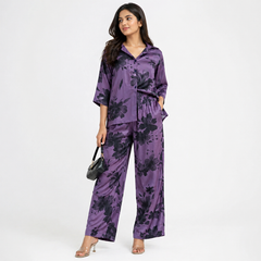 Premium Women Purple Floral Satin Co-Ord Set – Luxury Shirt & Wide Leg Pant Set